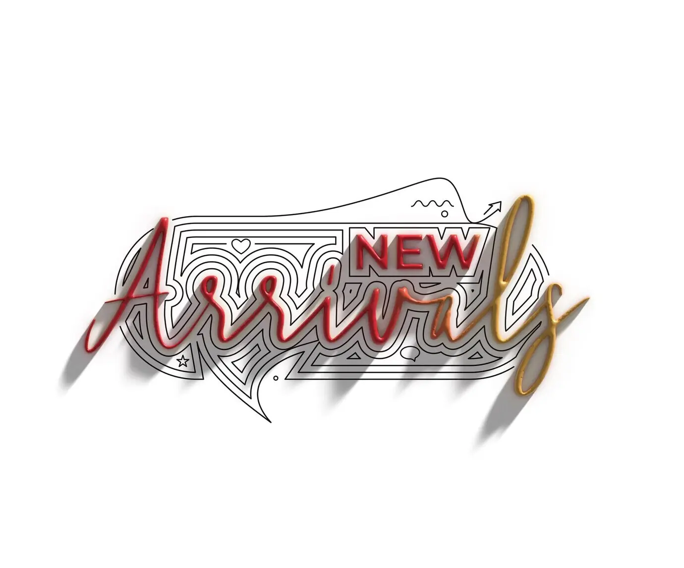 Nieuw binnen: kalligrafische 3D-stijltekst, 3D-illustratie-ontwerp.